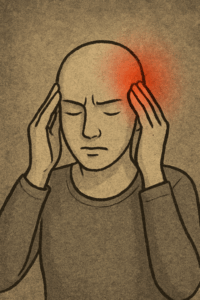 Abstrakte, handgezeichnete Illustration einer geschlechtsneutralen Figur, die sich mit der Hand an den Kopf fasst. Die sanften Linien und hellen Farbtöne symbolisieren innere Spannung, Nachdenklichkeit und den stillen Umgang mit Schmerz.